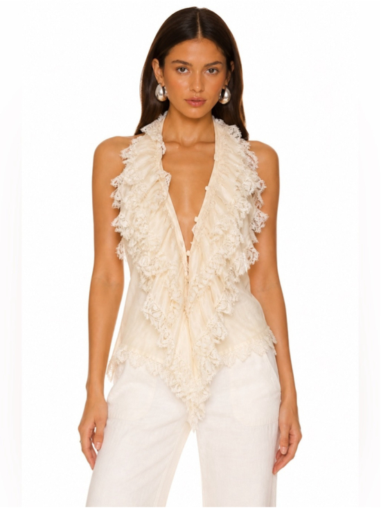Roberto Cavalli Tops - Roberto Cavalli Silk Lace Ruffle Halter Top Ivory open back button front